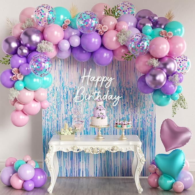 157Pcs Mermaid Balloons Garland Arch Kit with Fringe Curtain for Girl Princess Woman Birthday Engagement Wedding Bridal Baby Shower Under the Sea Party Decorations