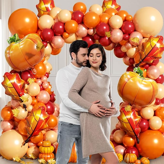 Fall Balloon Arch Garland Kit 172pcs with Leafs Pumpkins, Thanksgiving Balloons Arch Orange Nude Burgundy Rose Gold Balloons Different Sizes for Little Pumpkin Birthday Baby Shower Decoration
