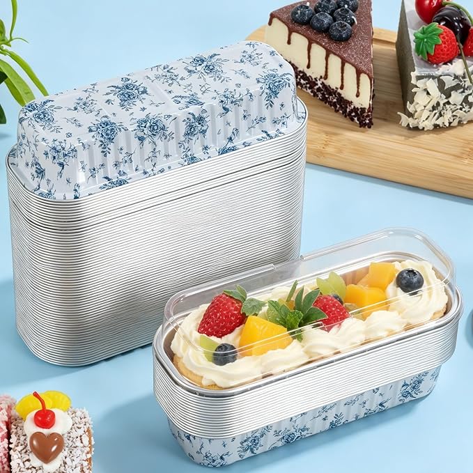 100Pcs Mini Loaf Pan with Lids Rectangle Aluminum Foil Baking Cups | Sturdy Box Body Structure, Innovative design, Blue Floral Pattern, Portable Lid, Excellent for Viewing, Clean Material
