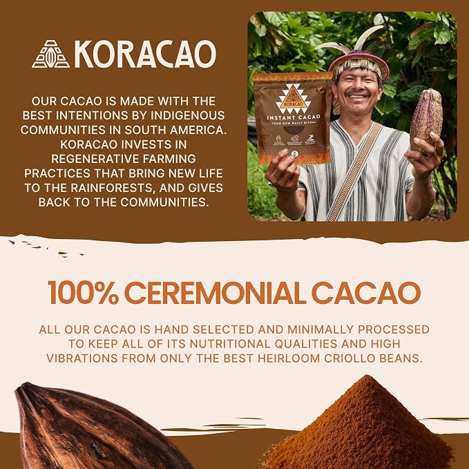 KORACAO Instant Ceremonial Cacao Powder | High-Flavanol Cacao Powder - 1000 MG Per Serving | New Daily Ritual with Harvested Powders for Mind, Body & Soul - 300g Bag (30 Servings)