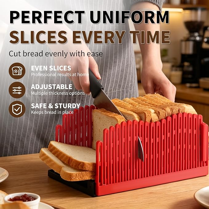 Bread Slicer for Homemade Bread - Adjustable Foldable Compact | For home bakers. Scale markings for even slicing, non-slip base for safety, crumb tray for easy cleanup & storage