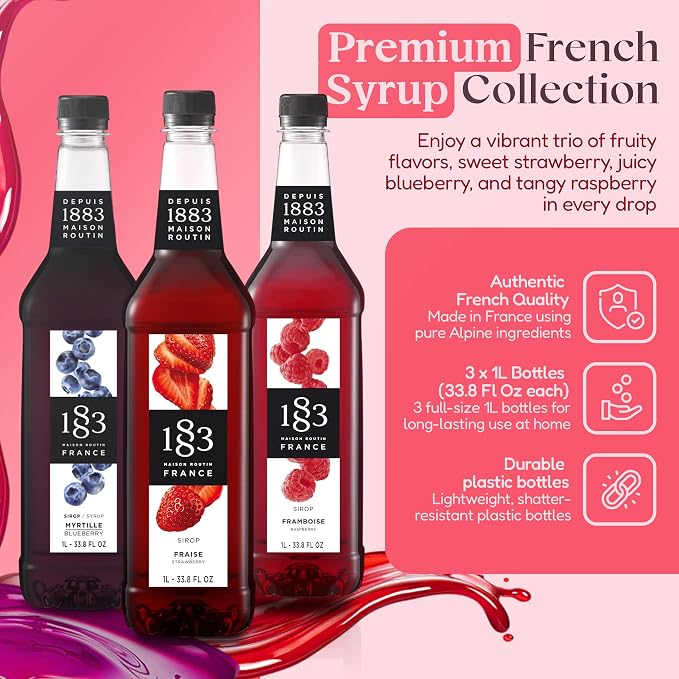 1883 Strawberry, Blueberry, Raspberry Syrups with Pumps (Berry Lovers) for Drinks – 1 Liter Plastic Bottles (Pack of 3)