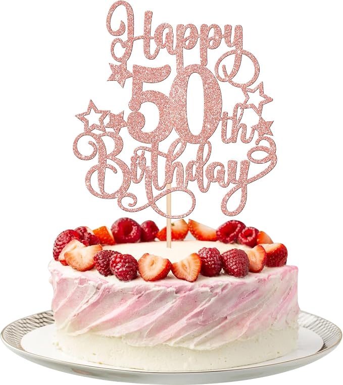 1 PCS Happy 50th Birthday Cake Topper Glitter Cheers to 50 Years Birthday Cake Pick Hello 50 Fabulous Cake Decoration for Happy 50th Birthday Anniversary Party Decorations Supplies Rose Gold