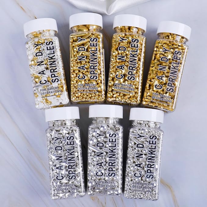 Gold Sprinkles for Cake Decorating, 4.6 oz Edible Pearls Rods Star Sprinkles for Baking Cupcake Cookie Ice Cream