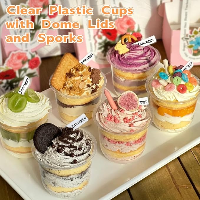 Jnnzzggu 100 Pack 12OZ Clear Plastic Cups with No Hole Dome Lids and Sporks,Disposable Dessert Cups,Yogurt Parfait Cup for Cupcake,Pudding,Iced Cold Drinks,Coffee,Juice,Snacks,Fruits,Ice Cream