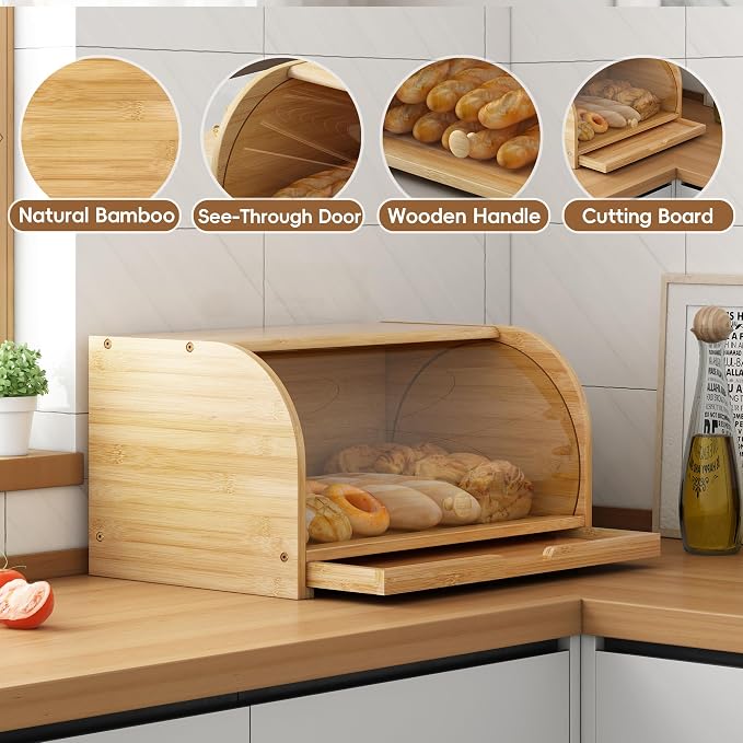 Roll Top Bread Container for Kitchen Countertop, Bamboo Bread Box with Clear Lid, Bread Container Storage（Bamboo with cutting board）