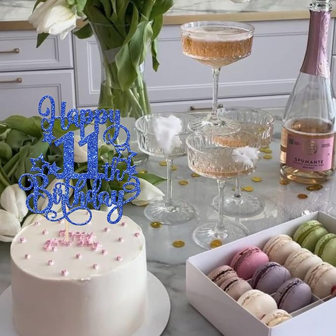 1 PCS Happy 11th Birthday Cake Topper Glitter Cheers to 11 Years Birthday Cake Pick Hello 11 Fabulous Cake Decoration for Happy 11th Birthday Anniversary Party Decorations Supplies Blue