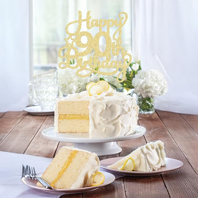1 Pack Happy 90th Birthday Cake Topper Gold Glitter 90 & Fabulous Cheers to 90 Years Old Birthday Cake Pick for Celebrating 90th Birthday Anniversary Party Cake Decorations Supplies