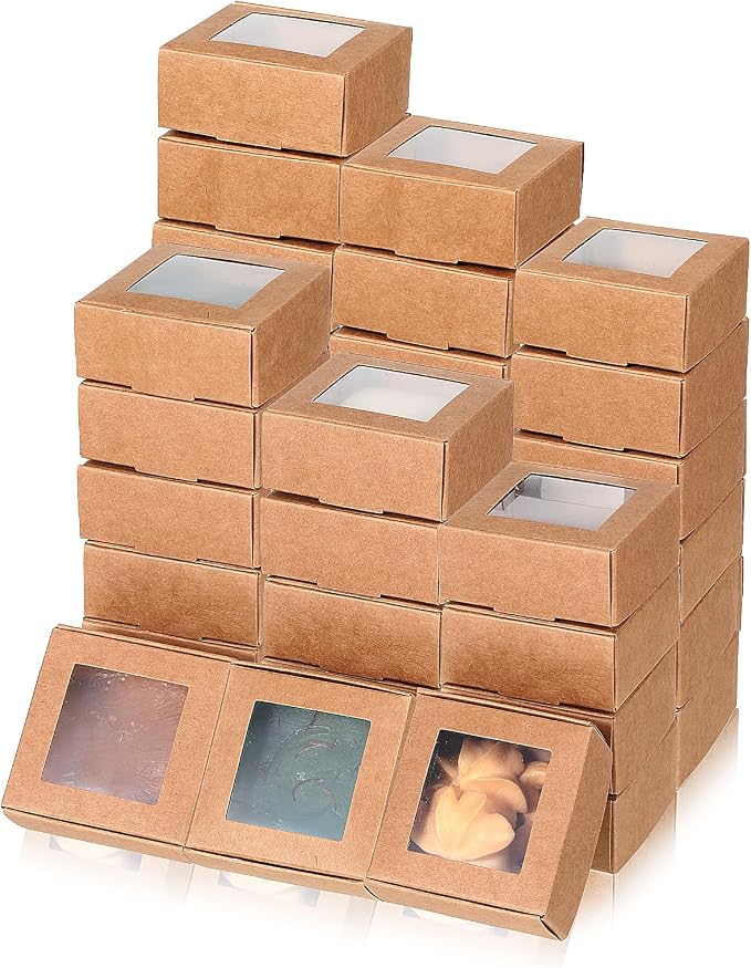 MAQUITA 100 Pcs Soap Packaging Boxes with Window Mini Kraft Paper Boxes Bulk Treat Favor Boxes Rectangle Gift Soap Boxes for Homemade Soap Making Cookies Candy Prese