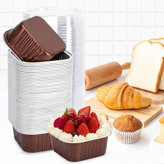 100Pack 5oz Brown Mini Cake Pans with Lids Baking Cups Aluminum Foil Pans Tins, Individual Dessert Cups Containers for Sales,Party,Picnics