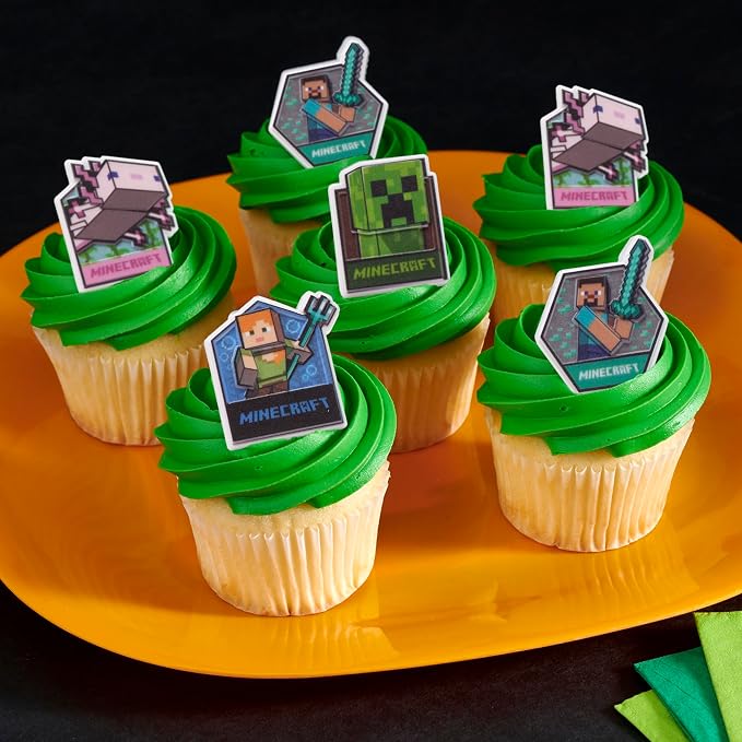 DecoPac Minecraft Lush Finds Rings, Cupcake Decorations Featuring Creeper, Alex, Steve and Axolotl! Multicolored 3D Food Safe Cake Toppers – 24 Count (Pack of 2)