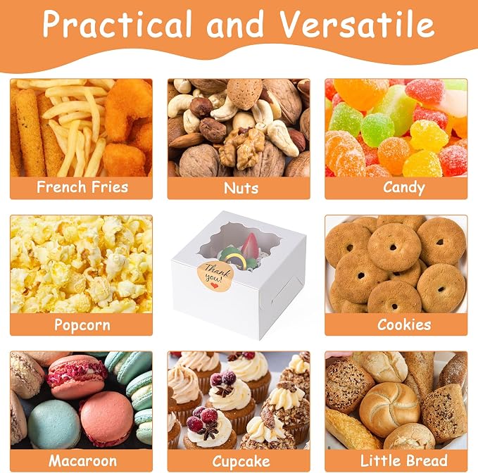 100pcs Cookie Boxes with Window, 4x4x2.5 Inches Bakery Boxes with 100pcs Stickers for Cookies, Bakery, Desserts, Candy, Chocolate Covered Strawberries, Mini Cake (White)