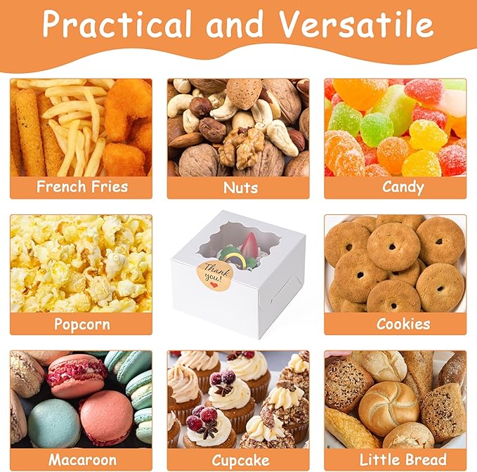 50pcs Cookie Boxes with Window, 4x4x2.5 Inches Bakery Boxes with 50pcs Stickers for Cookies, Bakery, Desserts, Candy, Chocolate Covered Strawberries, Mini Cake (White)