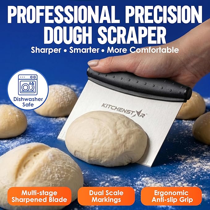 KitchenStar Dough Scraper 6-inch, Stainless Steel Bench Scraper with Measurement Markings & Non-Slip Handle, Pastry Cutter for Bread, Pizza & Vegetables, Dishwasher Safe