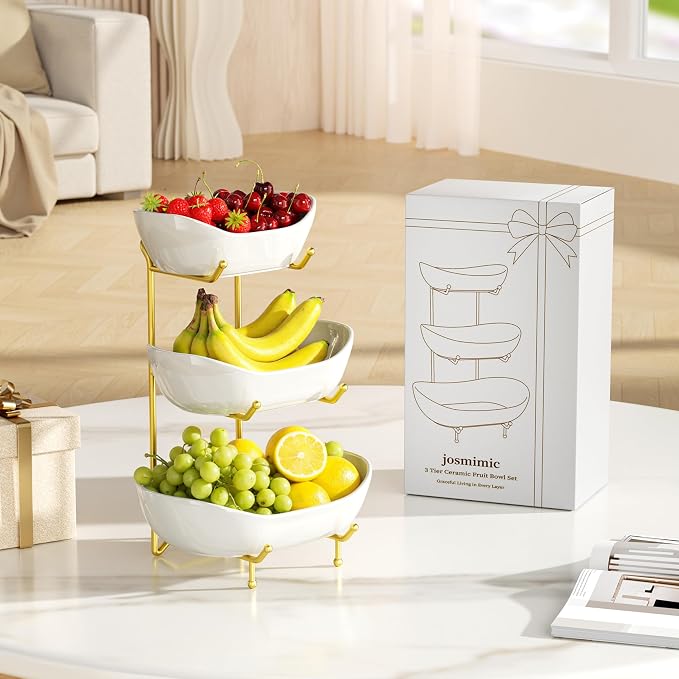 3 Tier Ceramic Fruit Bowl for Kitchen Counter – Fruit Basket with Gold Metal Stand , Fruit Holder for Snacks, Nuts, Cakes, Desserts, Bread, Candy Storage