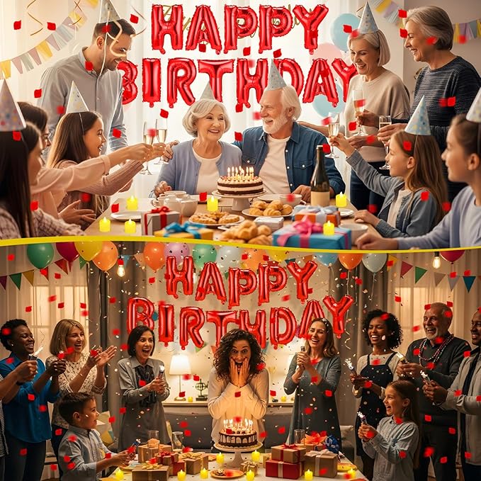 Red Happy Birthday Balloons Decorations Happy Birthday Letter Balloons Banner Set with 24pcs Round Flameless LED Candles and 2000pcs Artificial Rose Petals for Women Men Room Party Decor
