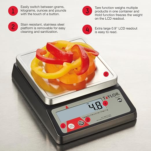 Taylor TE10FT 11-Pound Commercial Digital Portion Control Scale, 11 lb (5 kg) in 0.1 oz (1 g) Food and Cooking Scale, Tare and Hold Function, NSF, Stainless Steel Platform,standart (Pack of 4)