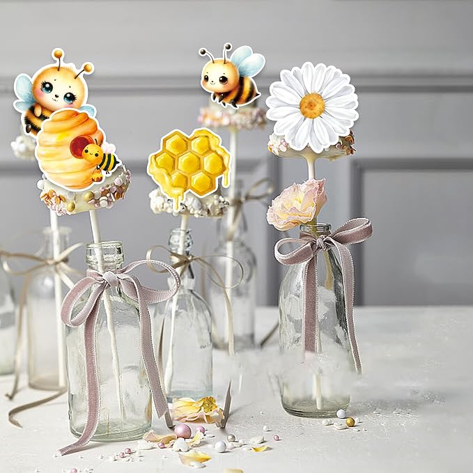 48 PCS Edible Bumble Bee Cupcake Toppers Wafer Paper Oh Babee Cake Decorations for Bee Theme Baby Shower Kids Boys Girls Birthday Cake Party Decoration