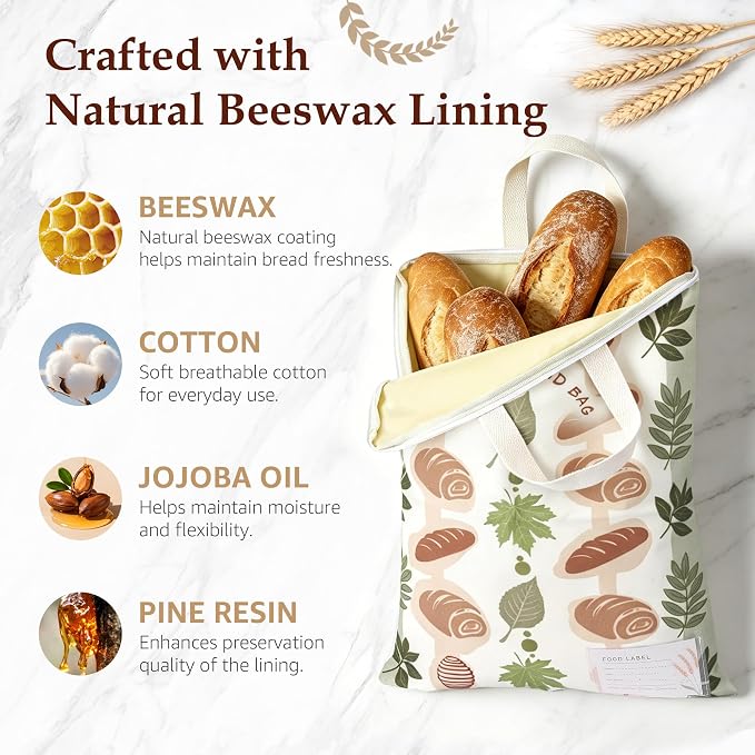 2 Pack Beeswax Bread Bags for Sourdough, 17x13 Inch Reusable Cotton Bread Storage Bags with Zipper and Handle Natural Beeswax Lining Freezer Friendly with 10 Food Labels Included (Bakery Leaves)