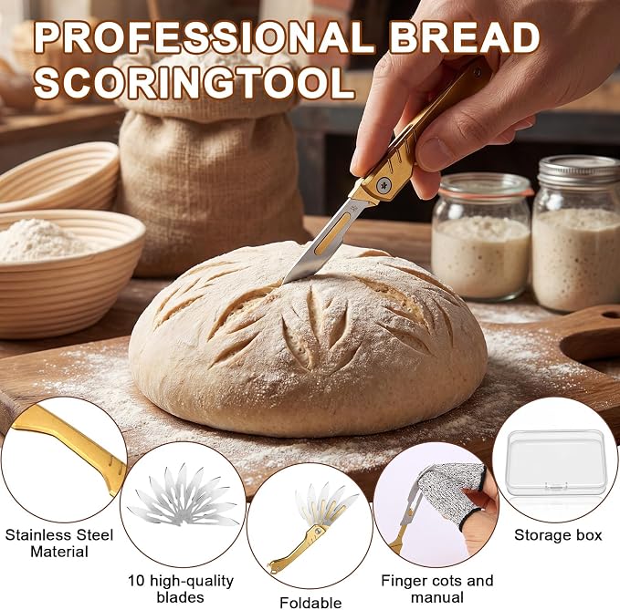Bread Lame, Sourdough Scoring Tool with 10 Razor Blades - Folding & Extractable Bread Scorer Knife for Homemade Bread, Sourdough Slashing, Baking Tools Kit, Includes Protective Cover&Portable keychain