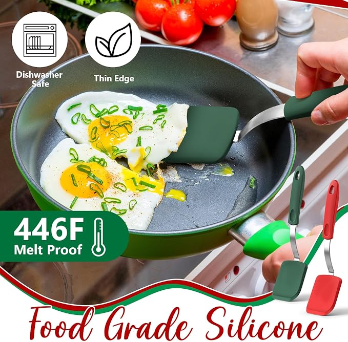 Silicone Cookie Spatula Turner 2 Pack Mini Brownie Spatula Flexible Kitchen Small Silicone Turner for Nonstick Cookware Heat Resistant No Scratch Flipper for Pancake(Solid Flat,Red, Green)