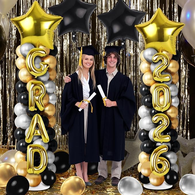 2 Sets Graduation Balloon Column Stand Kits with Balloons 2026 Grad Themed Decoration Navy Blue Balloon Tower Stand Kit for Grad High School & College Celebration Party Decor (Black Gold, 2)