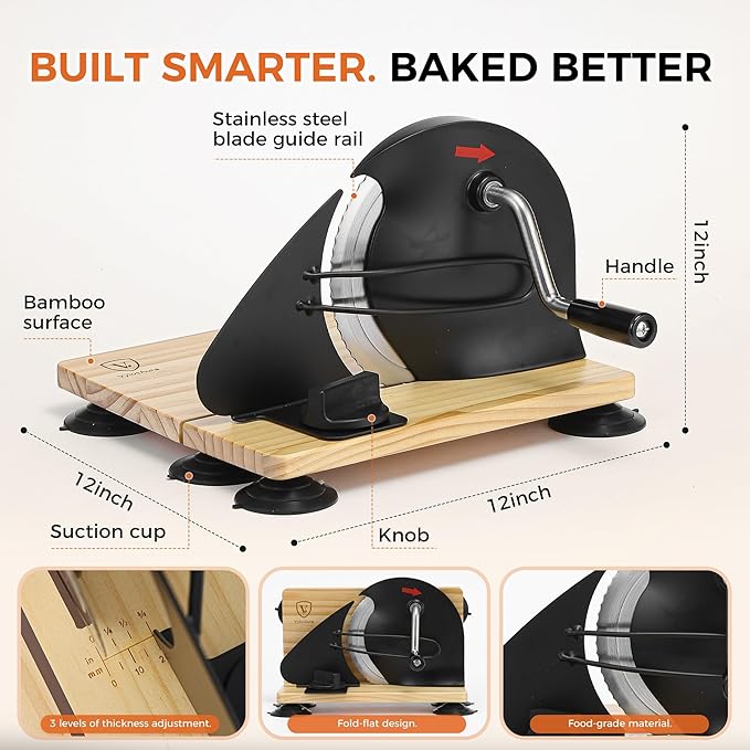 Premium Bamboo Bread Slicer for Homemade Bread - Heavy Duty Manual Slicer with Weighted Stability Base - Adjustable Thickness Guides - Foldable Design for Sourdough, Loaves & Bagels
