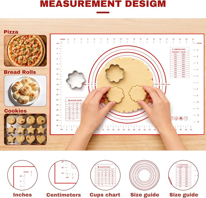 Silicone Baking Mat Dough Mat Non-Slip and Reusable Red | 0.7mm NewUpgraded Mat for Rolling Out Dough, Non Stick Silicone Mats with Measurements for Cookies, Macaroon, Bread, Pastry