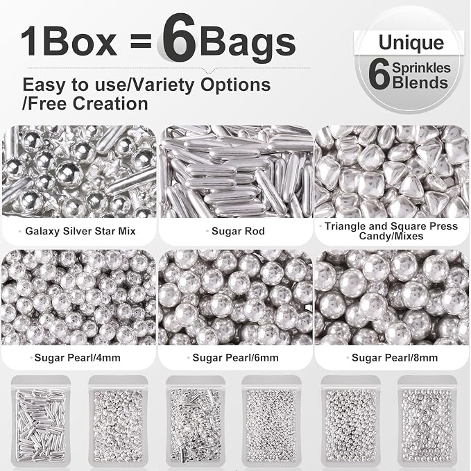 HUEBEATY 6-in-1 Metallic Silver Cake Pearls Sprinkles – Silver Galaxy Star Sprinkles for Cake Decorating, Cupcakes, Cookies & Ice Cream | 180g/6.36oz | Space, Wedding, Birthday Cake Decorations