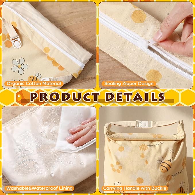 Tallew 3 Pack Beeswax Bread Bags for Sourdough & Homemade Bread 17 x 13'' XL Reusable Organic Linen Beeswax Wraps with Sealing Zip for Fresh Food Storage Loaf Freezer Baker (Bee Style)