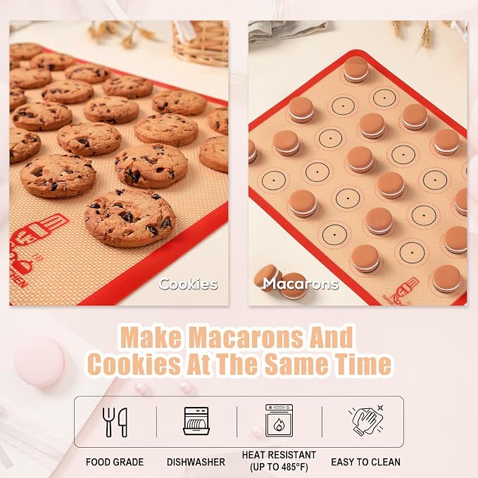 Folksy Super Kitchen Silicone Macaron Baking Mat - Set of 3 (2 Half Sheet and 1 Quarter Sheet), Non Stick Silicon Oven Liner For Macaroons and Cookies (16.5x11.6, Red) (Pack of 2)