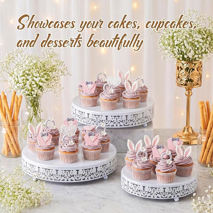 Wenqik 3 Pcs 16'' 14'' 12'' Metal White Cake Stand Round Cake Stands for Dessert Table Cookies Fruit Serving Tray Cupcake Dessert Pastry Riser for Wedding Birthday Party and Events (Traditional Style)