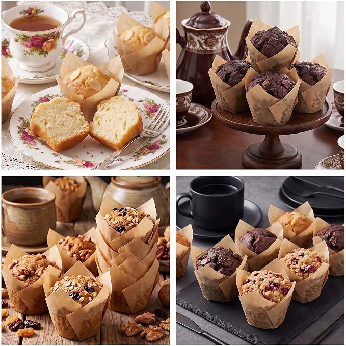 200 Pcs Natural Tulip Cupcake Liners for Baking, Standard Size | Standard Greaseproof Tulip Muffin Liners for Baking, 3oz Natural Paper Cupcake Wrappers for Party Wedding Birthday