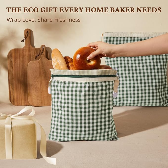 BRONYPRO Reusable Beeswax and Linen Bread Bags with Zipper, 2-Pack Waxed Bread Bags for Homemade Bread & Sourdough, Sustainable Loaf Storage to Lock in Freshness, Large 17x12.6in, Green Gingham