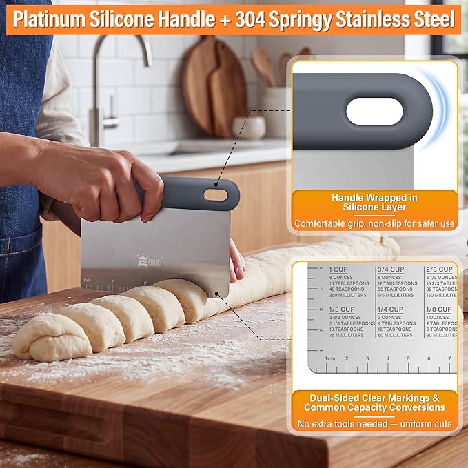 Bench Scraper for Kitchen Set of 2, Springy Stainless Steel Dough Scraper, Multipurpose Pastry Scraper Tools for Pizza Bread Frosting Cakes, Platinum Silicone Handle Measuring Scale & Conversion Chart