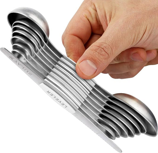 Zulay Kitchen Stainless Steel Measuring Spoon Set - Stackable Magnetic Spoon Measuring Set - Magnetic Measuring Spoon Set of 8 with Leveler - Strong N45 Magnets - White