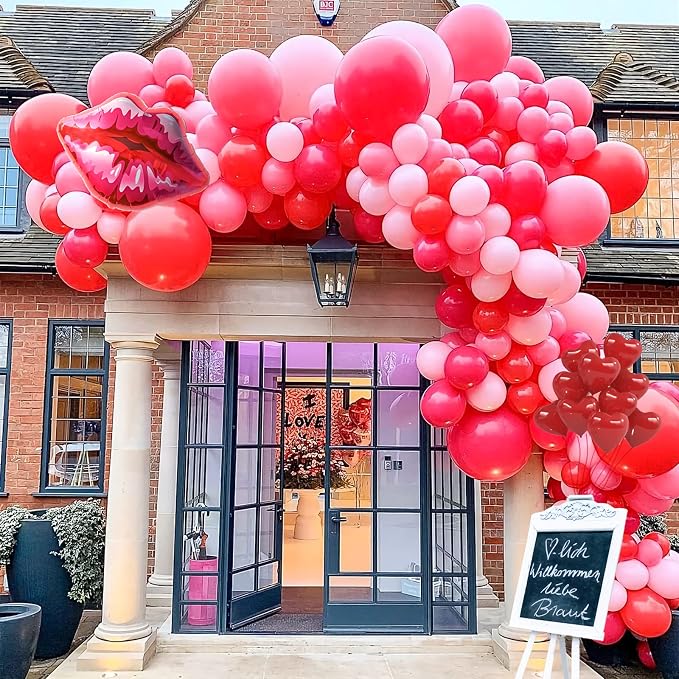 Valentines Day Balloon Garland Arch Kit Macaron Pink Retro Pink Red Balloons Heart Lip Balloons for Valentines's Day Bridal Shower Baby Shower Bachelorette Anniversary Party Decoration Supplies
