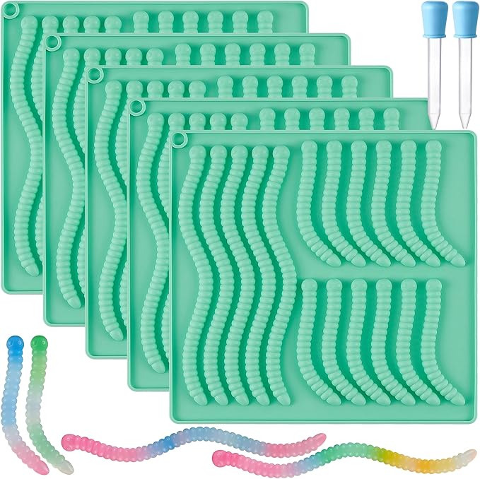 5PCS Silicone Gummy Worm Molds,Worm Gummy Candy Mold,Non-Stick Worm Candy Mold with 2 Droppers for Convenient Filling,Gummy,Candy，Chocolate,85Cavity