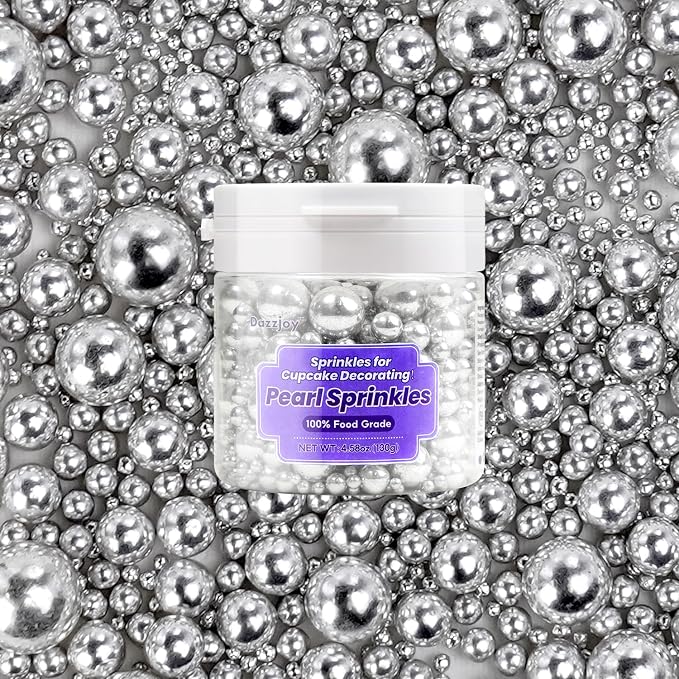 Dazzjoy Silver Pearl Sugar Candy Sprinkles, Edible Pearl Mix Size, 4.58oz, Cake Decorating & Cake Toppers, Baking Cake Decorations, Wedding Party Holiday Supplies