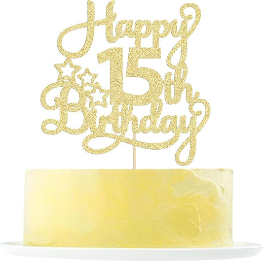 1 Pack Happy 15th Birthday Cake Topper Gold Glitter Mis Quince 15 Cheers to 15 Years Old Cake Pick for Celebrating 15th Birthday Anniversary Party Cake Decorations Supplies