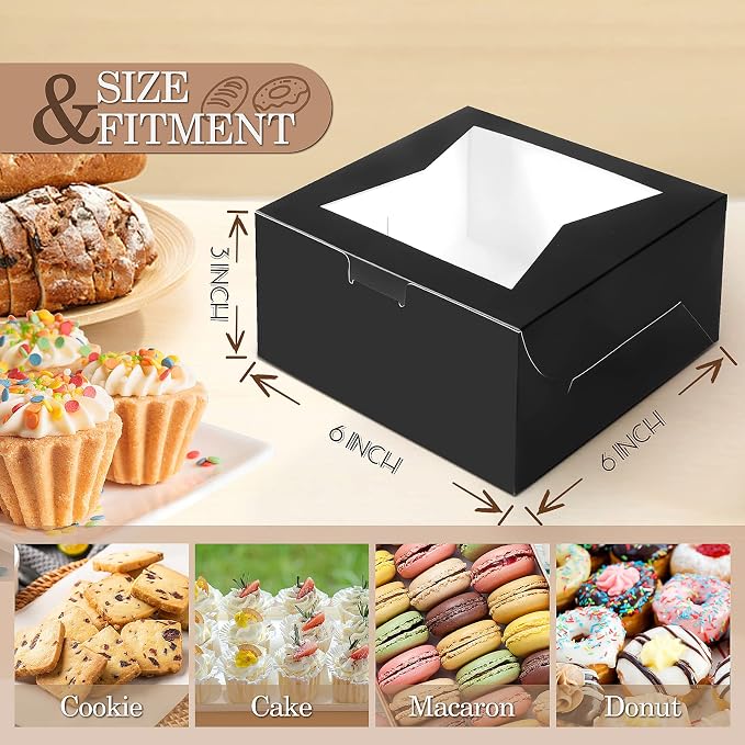 KPOSIYA 65PCS Bakery Boxes with Window 6x6x3 Inches 5 Style Cookie Boxes Small Pastry Boxes for Candy, Dessert, Pastry, Donuts, Birthday Party, Wedding(Black)