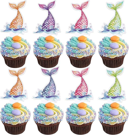40 PCS Mermaid Tail Cupcake Toppers Double Sided Under the Sea Mini Tail Cupcake Picks Mermaid Birthday Decorations for Ocean theme Baby Shower Birthday Party Cake Decorations Supplies