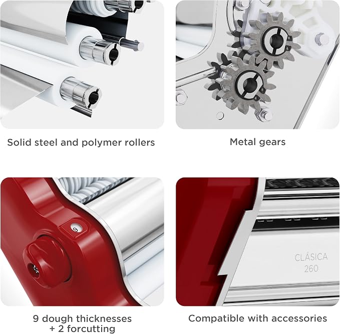 PASTALINDA Classic 260 Pasta Maker Machine, 26 cm Wide Rollers, 9 Thickness Positions, 2 Cutting Positions, Stainless Steel. Includes Reinforced Hand Crank And Two Clamps (Bordeaux)