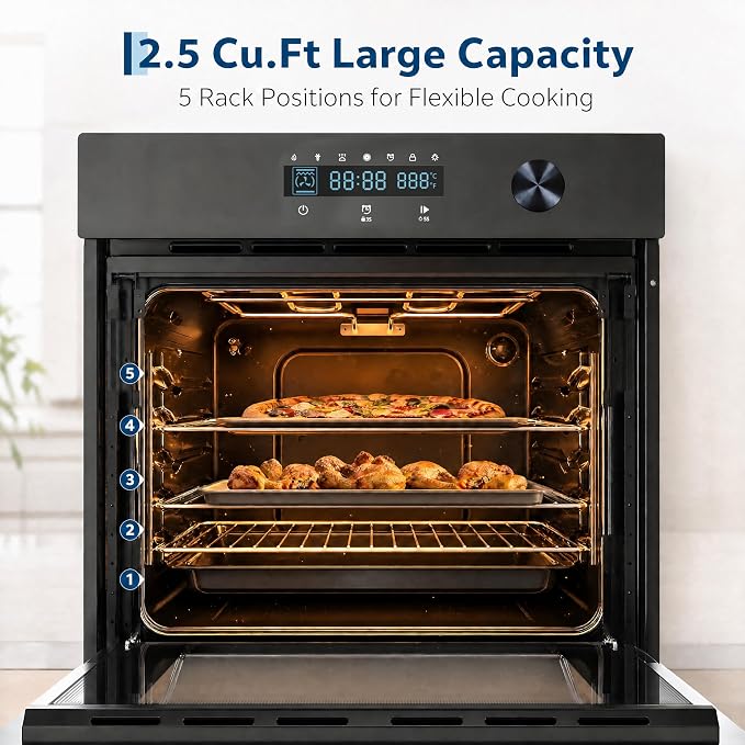 Garvee 24 Inch Built-in Single Wall Oven, 2.5 Cu.ft. Electric Oven with 5 Cooking Functions, 3000W Power, Touch and Knob Control, Low-e Glass Door & Cooling Fan, Easy Clean Enamel, Black