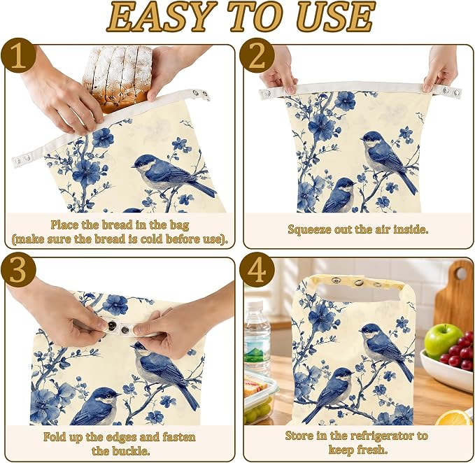 2 Pack Reusable Beeswax Blue Birds Bread Bags, Sourdough Bread Floral Branches Storage for Homemade, Freezer Storage Bag to Keep Fresh, Baguette Bag with Beeswax Liner Kitchen Baking