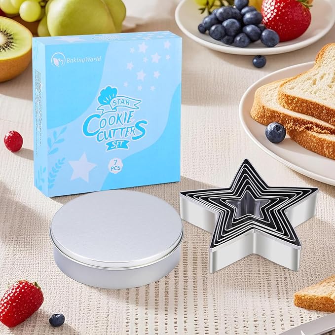 7-Piece Star Cookie Cutter Set with Metal Storage Tin | Stainless Steel Baking Tools for Cookies, Biscuits, Sandwiches | Kids Holiday Party Gift, Food Safe & Dishwasher Safe