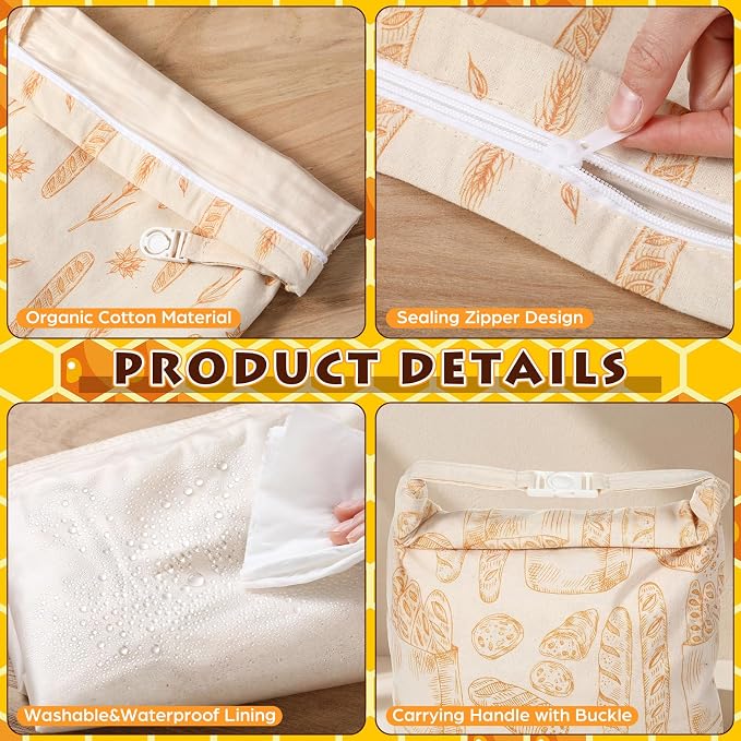 Tallew 3 Pack Beeswax Bread Bags for Sourdough & Homemade Bread 17 x 13'' XL Reusable Organic Linen Beeswax Wraps with Sealing Zip for Fresh Food Storage Loaf Freezer Baker(Classic Style)