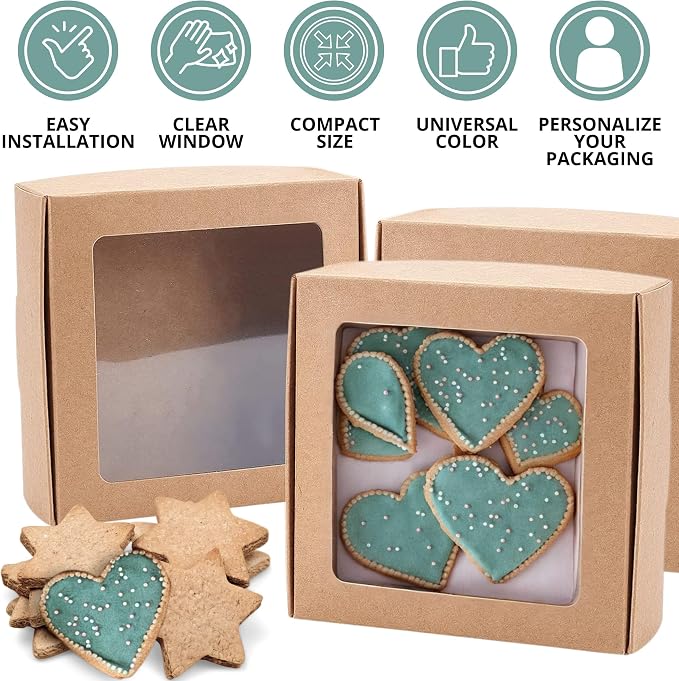 30PCS Cookie Boxes Brown with Window - 4 x 4 x 1.2 Inch Sturdy Packaging for Baked Goods Small Bakery Containers for Pastries Gift Giving Bulk Food Storage Rustic Display for Treats and Desserts