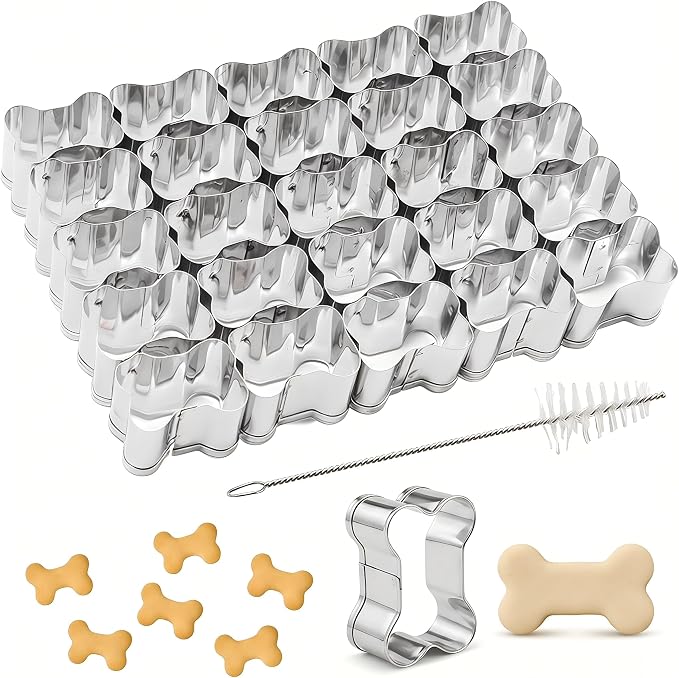 25 PCS Bone Shaped Cookie Cutter Set, Stainless Steel Mini Bone Cookie Cutters with Cleaning Brush, Small Dog Bone Biscuit Cutters for DIY Baking Cookies Fondant Pet Treats