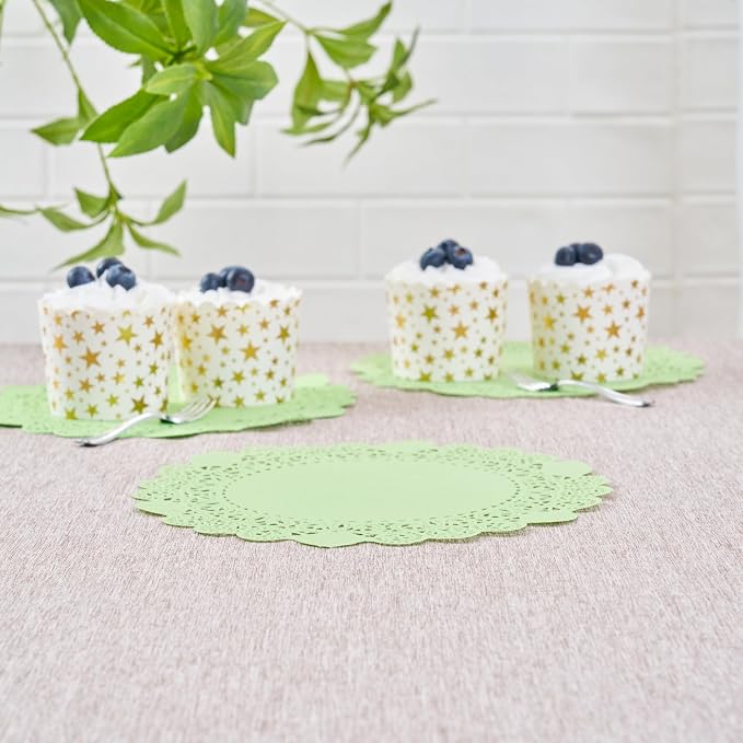 Pastry Tek 8 x 8 Inch Paper Lace Doilies, 100 Disposable Table Doilies - Elegant Lace Finish, Long Lasting, Green Paper Doily, for Pastries, Cupcakes, Desserts - Restaurantware